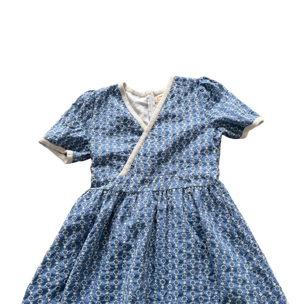 Dress Code Korea Blue White Floral Eyelet Puff Sleeve Wrap Midi Dress Womens - Picture 9 of 9